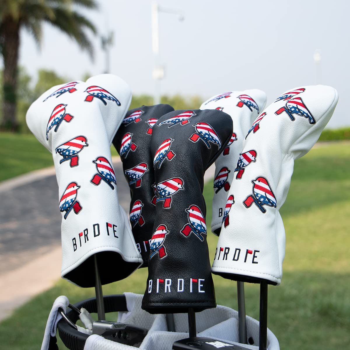 Golf Wood Head Covers Driver Cover 3 Wood Headcover Hybrid Head Covers Embroidery White USA American Flag Birdie Design Golf Club Headcovers Leather Hand-Made Wood Head Cover for All Golf Wood Clubs