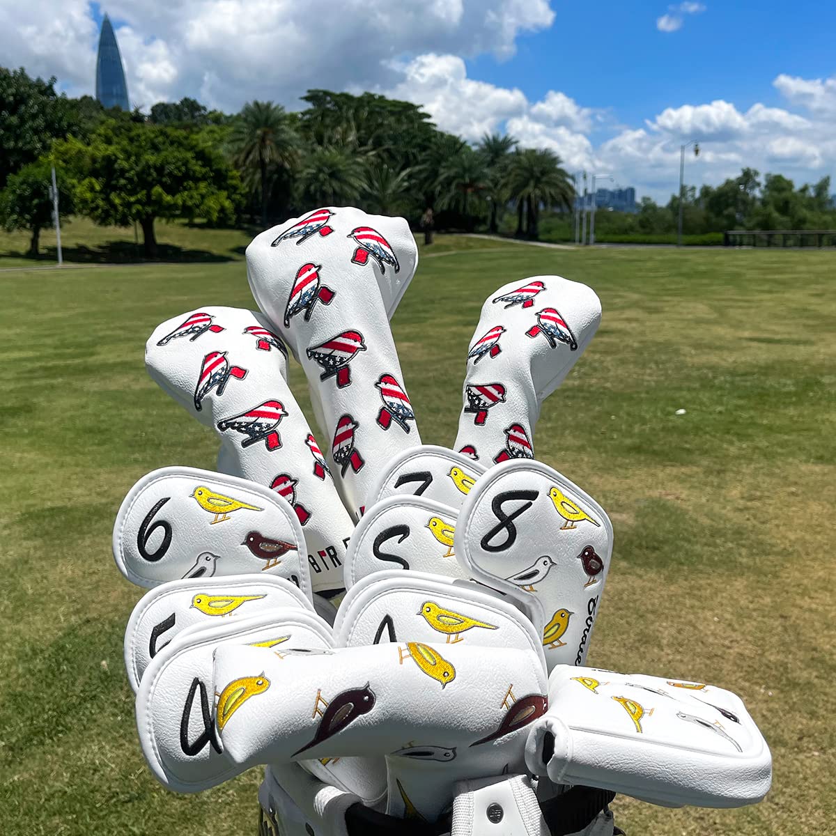 Golf Wood Head Covers Driver Cover 3 Wood Headcover Hybrid Head Covers Embroidery White USA American Flag Birdie Design Golf Club Headcovers Leather Hand-Made Wood Head Cover for All Golf Wood Clubs