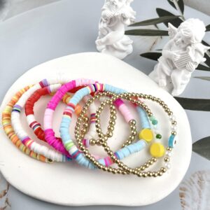 WAINIS 44 Pcs Surfer Heishi Clay Bead Bracelets for Women Bohemian Stackable Beaded Stretch Bracelets Elastic Layering Friendship Bracelets Set Boho Jewelry Cute Bracelets for Concert Beach Vacaiton