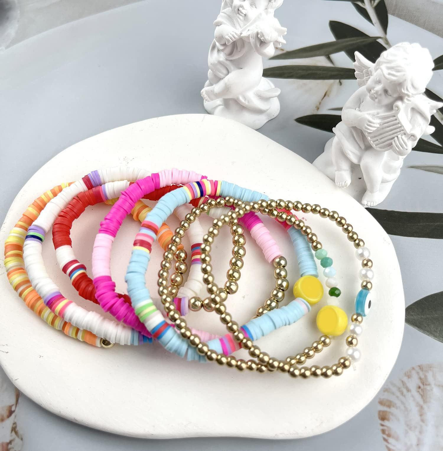 WAINIS 44 Pcs Surfer Heishi Clay Bead Bracelets for Women Bohemian Stackable Beaded Stretch Bracelets Elastic Layering Friendship Bracelets Set Boho Jewelry Cute Bracelets for Concert Beach Vacaiton