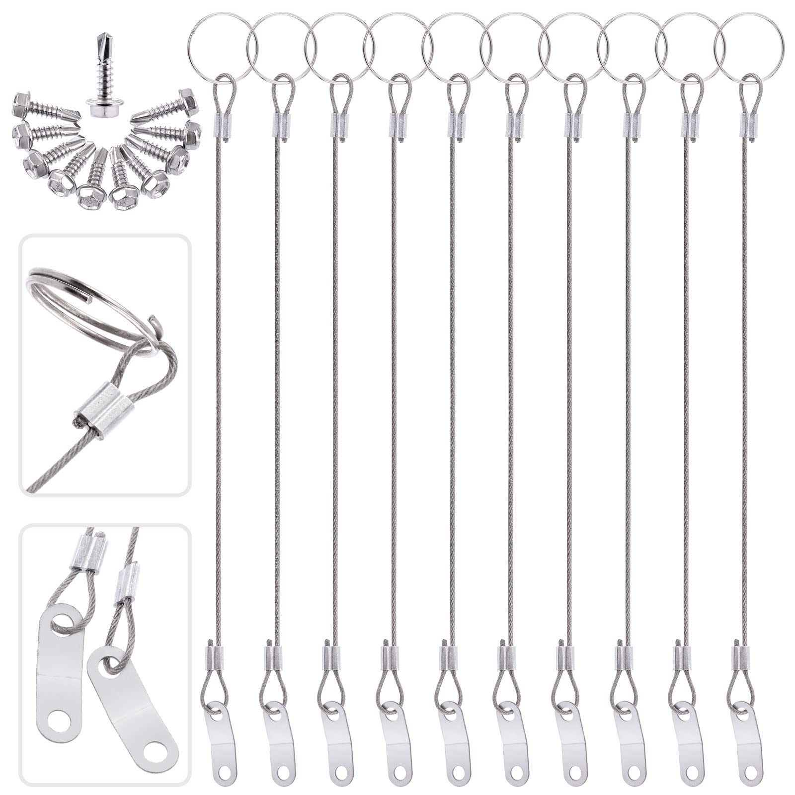 Glarks 20Pcs 11 Inches Lanyard Cable Set Including 10Pcs 304 Stainless Steel Safety Tether Wire with Quick Release Ring and Rubber Coating and 10Pcs Self Drilling Hex Head Screws for Car Boat Fastener