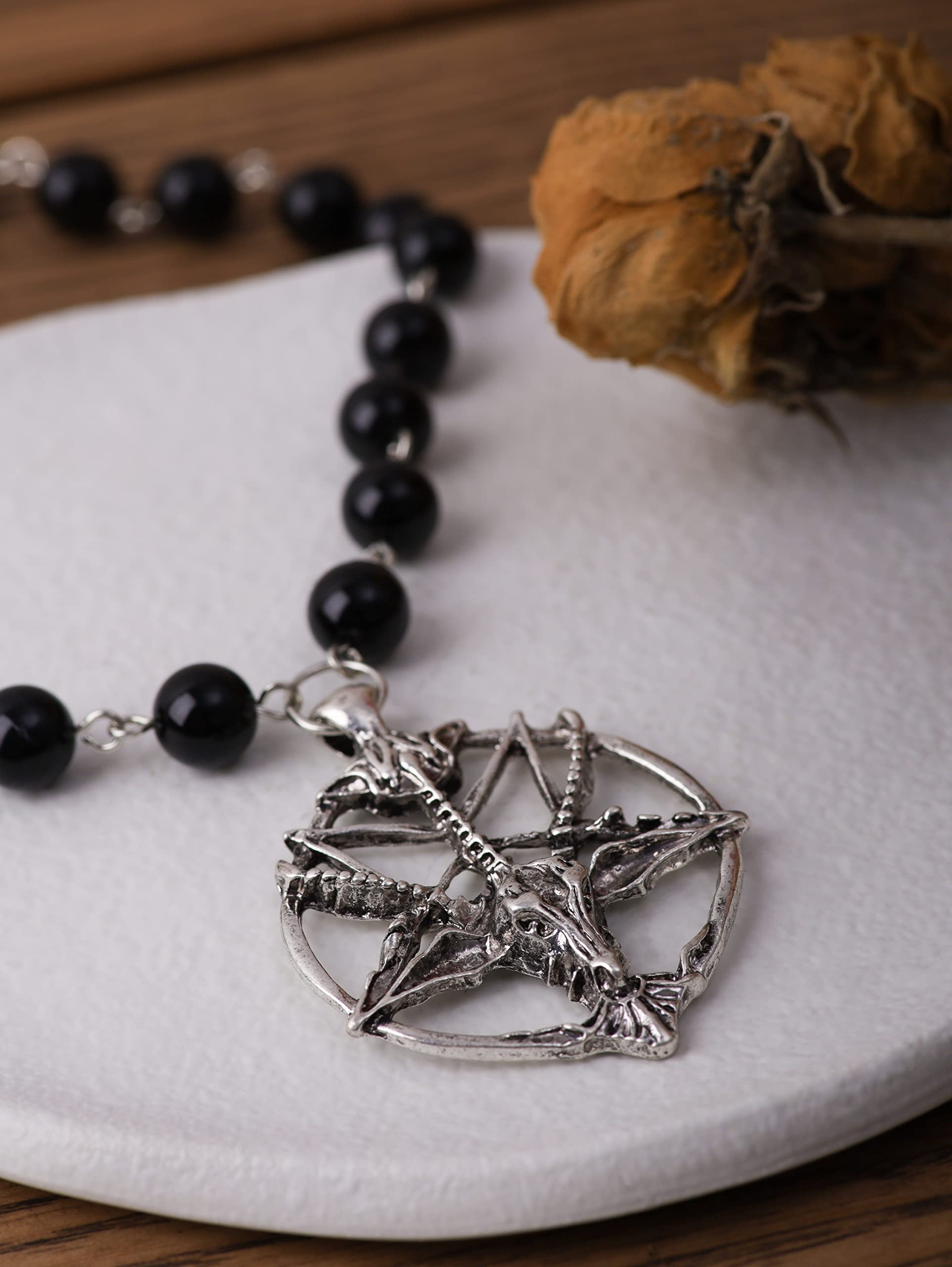 Sacina Goth Baphomet Choker Necklace, Black Bead Pentagram Skull Choker Necklace, Goth Halloween Jewelry Gift for Women, Men