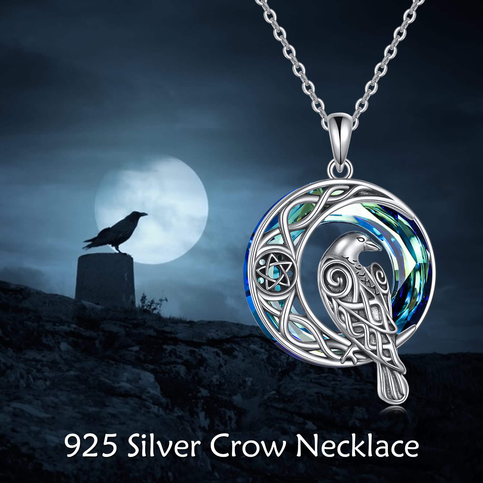 ONEFINITY Raven Necklace Sterling Silver Viking Celtic Crow Raven Crystal Pendant Crescent Moon Pentagram Amulet Wiccan Jewelry Christmas Gifts for Women Men