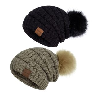 beanies women with pom, winter hats for women with thick warm fleece lining cold weather, beanie hats for women knit slouchy(black+khaki)