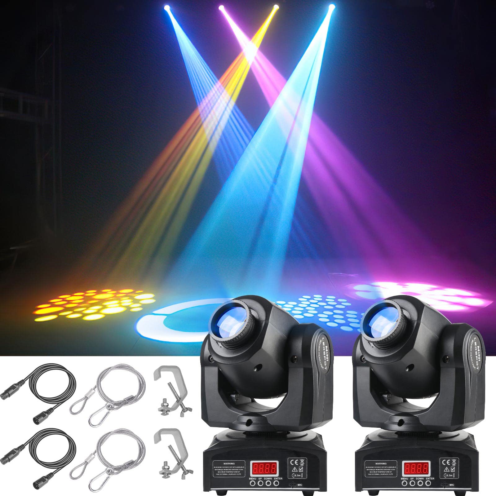 (2pack) LED Moving Head Light Mini 30W DJ Moving Head GOBO Light with 8 Gobos and 8 Colors, DMX and Sound Activation Dj Spotlight for Wedding, DJ, Party, Club, Disco, Beam Lights