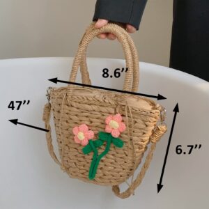 QTKJ Beach Bag for Women, Mini Straw Bag Handmade Crossbody Bag, Knitted Crochet Flowers Handbag, Boho Retro Straw Tote Bag, Woven Bag Suitable for Vacation Travel Work (Khaki)