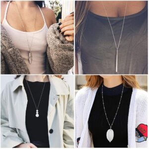 YQZIYOU 4 PCS Long Necklaces for Women - Fashion Pendant Necklace Jewelry, Silver Bar Feather Circle Leaf Lock Tassel Y Necklace Jewelry Set