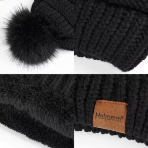 Beanies Women with Pom, Winter Hats for Women with Thick Warm Fleece Lining Cold Weather, Beanie Hats for Women Knit Slouchy(Black+Oatmeal)