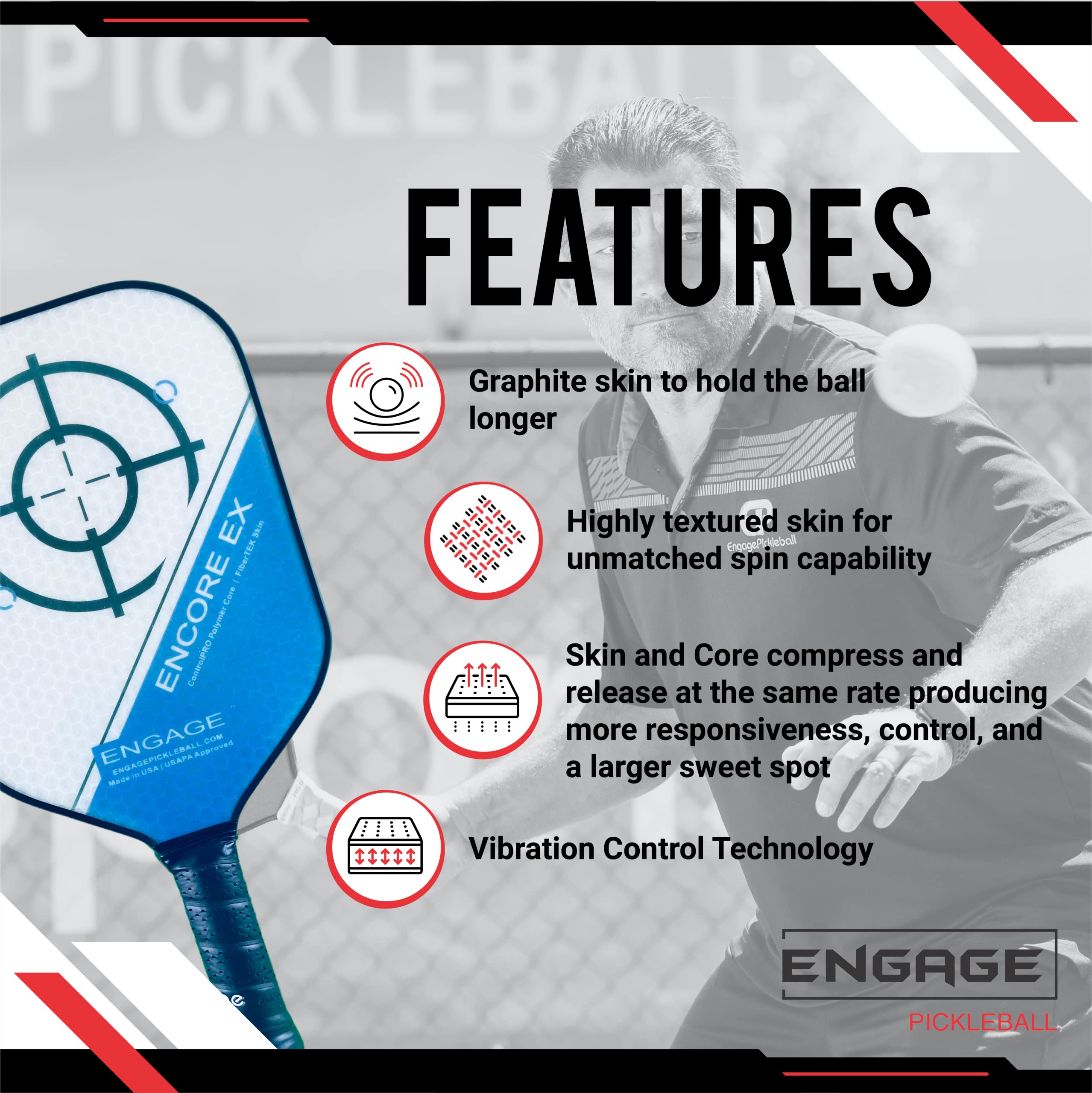 Engage Pickleball Encore EX and MX Pickleball Paddle with Polymer Core - USAPA Approved Pickleball Paddles Pickleball Rackets for Adults (EX LITE, RED)