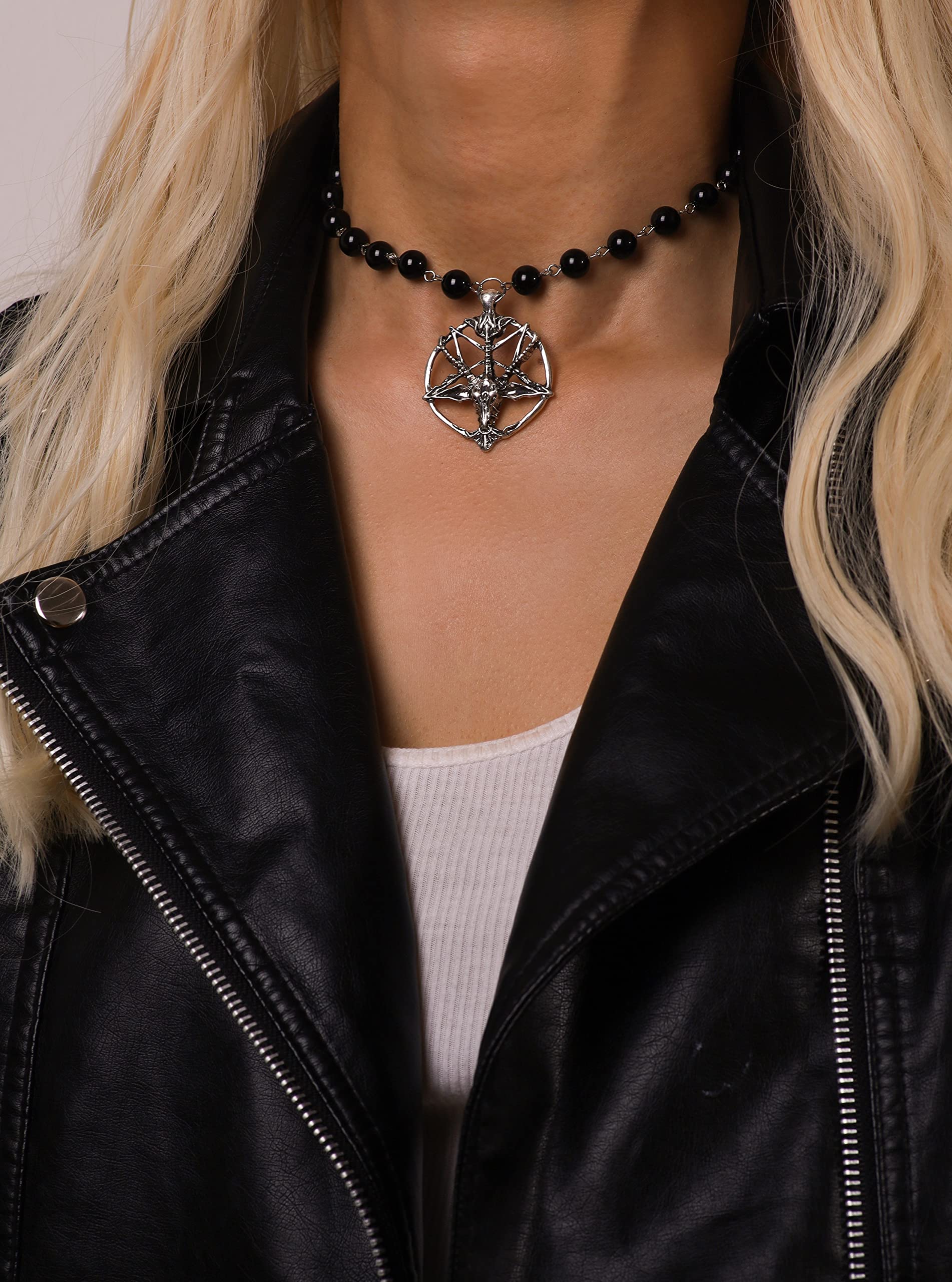 Sacina Goth Baphomet Choker Necklace, Black Bead Pentagram Skull Choker Necklace, Goth Halloween Jewelry Gift for Women, Men