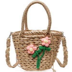 qtkj beach bag for women, mini straw bag handmade crossbody bag, knitted crochet flowers handbag, boho retro straw tote bag, woven bag suitable for vacation travel work (khaki)