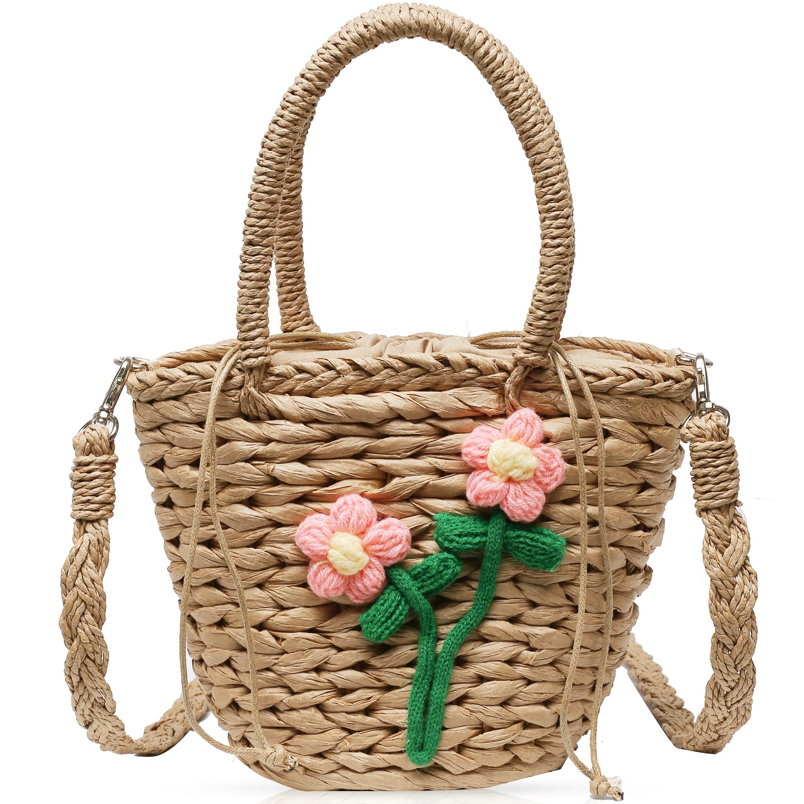 QTKJ Beach Bag for Women, Mini Straw Bag Handmade Crossbody Bag, Knitted Crochet Flowers Handbag, Boho Retro Straw Tote Bag, Woven Bag Suitable for Vacation Travel Work (Khaki)