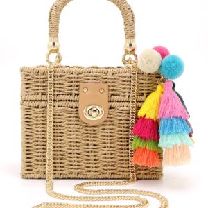 Handwoven Rattan Bag for women-Wicker Woven Square Crossbody vintage Chic Casual Beach Boho Tote Bag with tassel Ornaments(Beige)