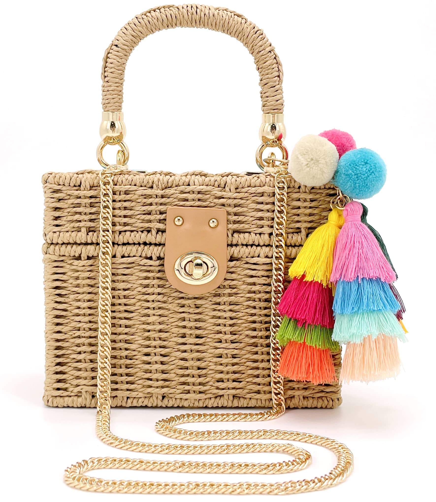 Handwoven Rattan Bag for women-Wicker Woven Square Crossbody vintage Chic Casual Beach Boho Tote Bag with tassel Ornaments(Beige)