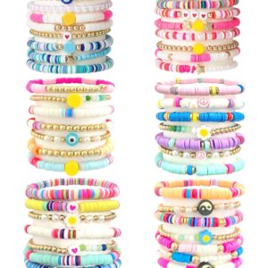 WAINIS 44 Pcs Surfer Heishi Clay Bead Bracelets for Women Bohemian Stackable Beaded Stretch Bracelets Elastic Layering Friendship Bracelets Set Boho Jewelry Cute Bracelets for Concert Beach Vacaiton