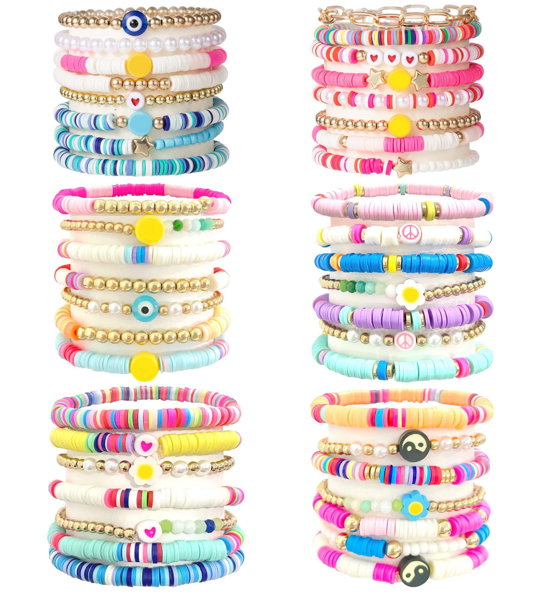 WAINIS 44 Pcs Surfer Heishi Clay Bead Bracelets for Women Bohemian Stackable Beaded Stretch Bracelets Elastic Layering Friendship Bracelets Set Boho Jewelry Cute Bracelets for Concert Beach Vacaiton