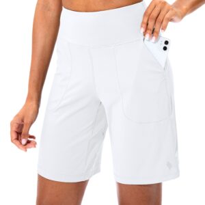 SANTINY Bermuda Shorts for Women with Zipper Pocket Womens High Waisted Long Shorts for Running Workout Athletic(White_S)