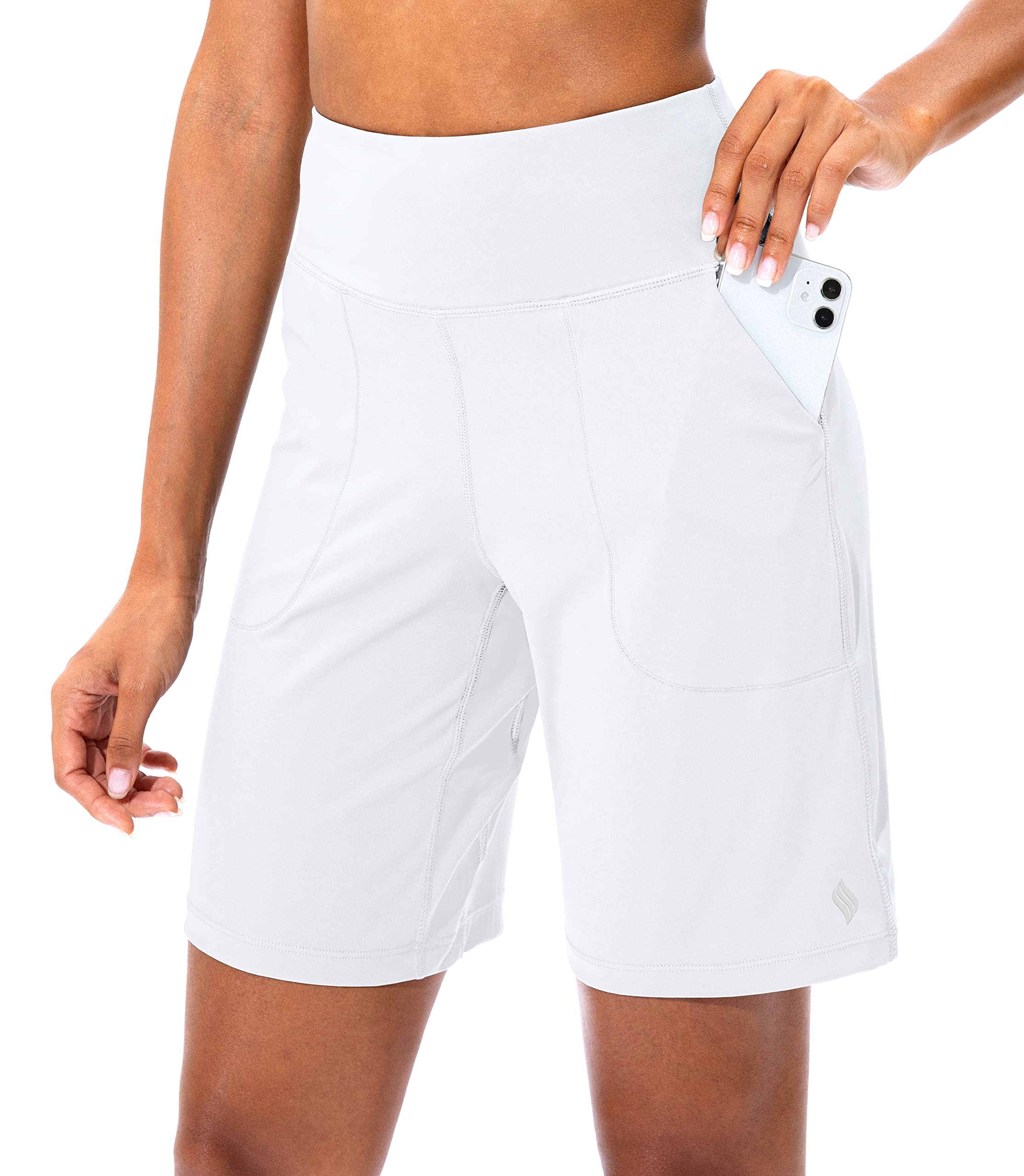 SANTINY Bermuda Shorts for Women with Zipper Pocket Womens High Waisted Long Shorts for Running Workout Athletic(White_S)