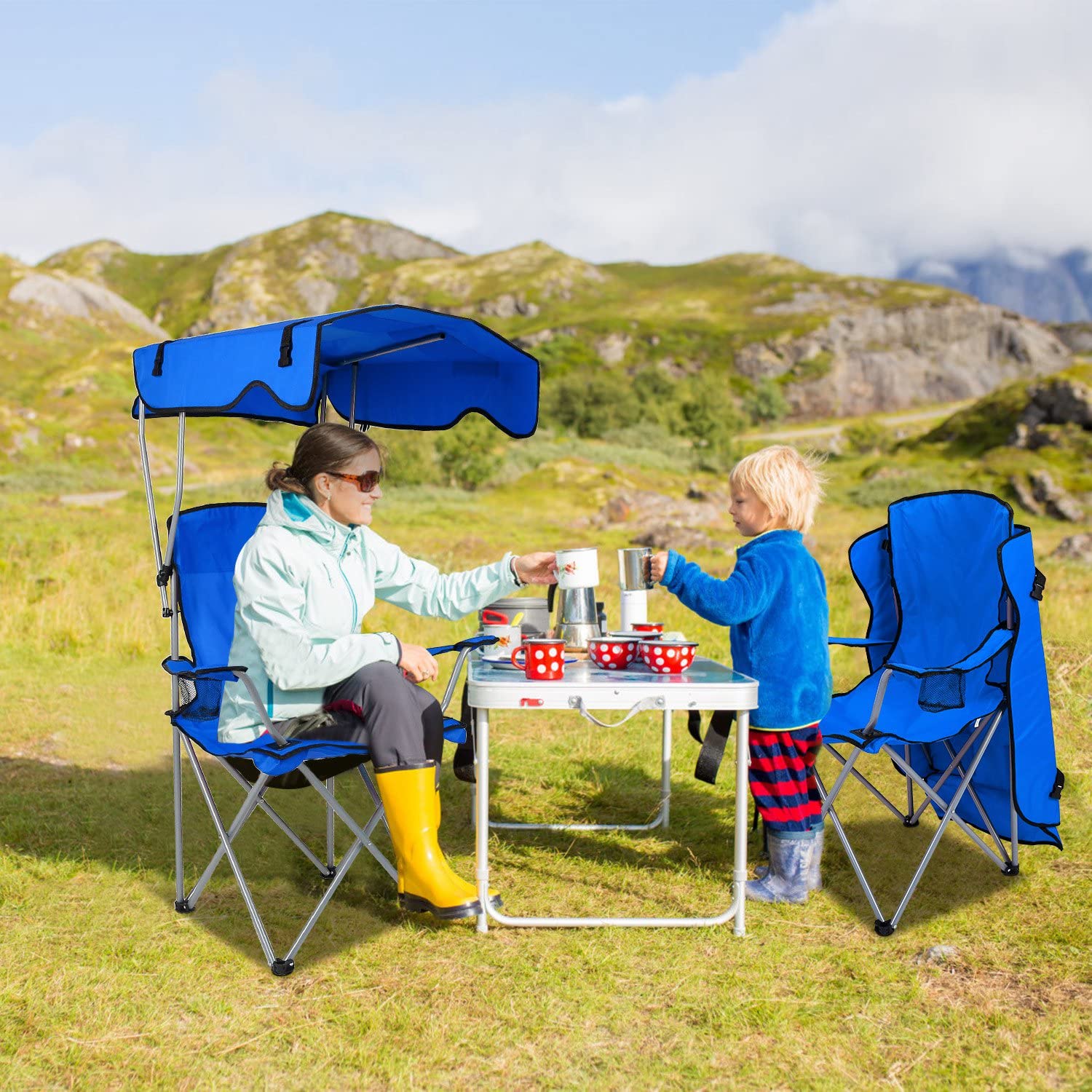 Moclever Camp Chairs, Foldable Beach Canopy Chair, Heavy Duty Sun Protection Camping Lawn Canopy Chair with Cup Holder for Outdoor Beach Camp Park Patio-Blue