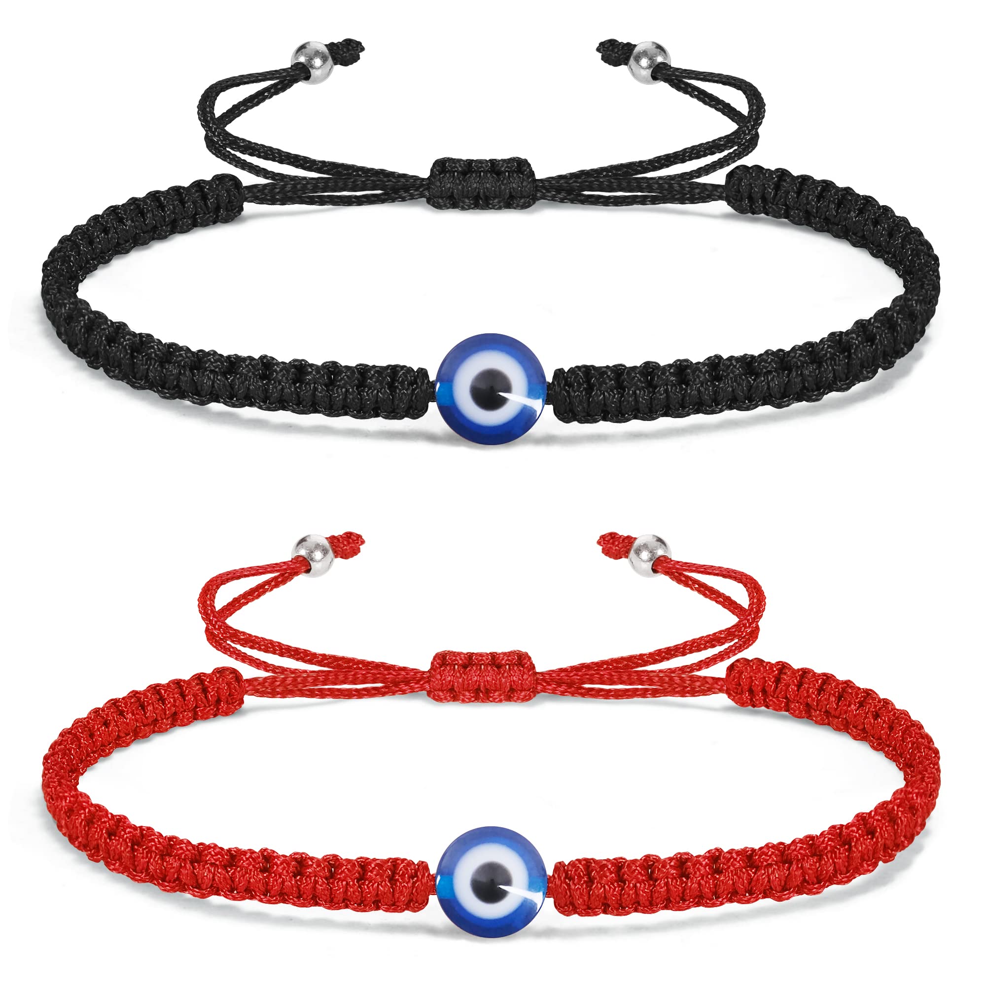 VIBILIA 2 Pcs Evil Eye Bracelets for Women Men Handmade Braided Kabbalah Good Luck Bracelet Rope Cord Thread Friendship Bracelet Adjustable String Minimalist Jewelry - Red & Black