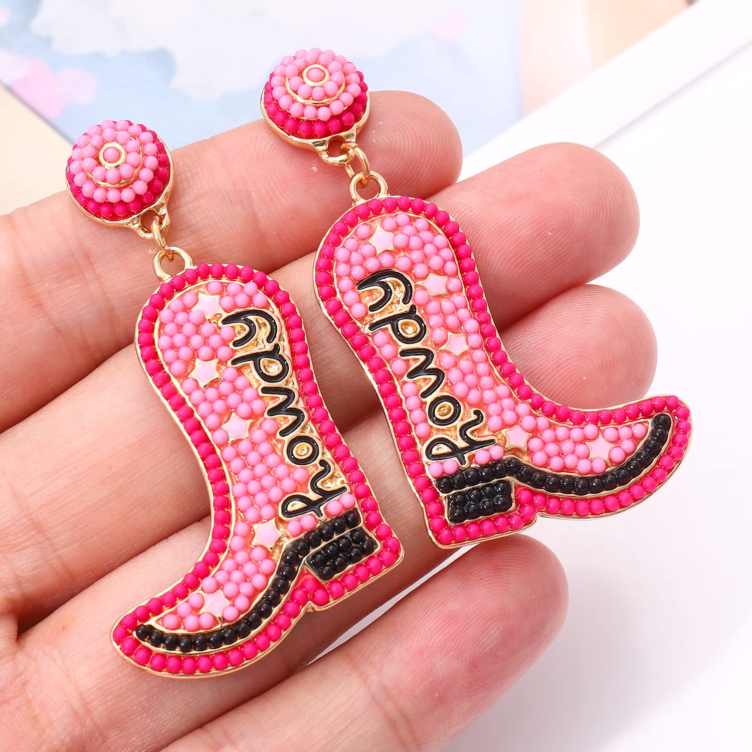 Cowgirl Boot Earrings Hypoallergenic Beaded Howdy Drop Dangle Earrings Handmade Western Country Dangling Earrings Jewelry for Women(hot pink)