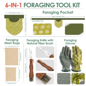 Grassora 6-in-1 Foraging Kit with Mushroom Mesh Bags, Pounch, Knife, Gloves and Stickers, for Beginners Pros, Hunting Supplies Foragers' Gift, Army Green