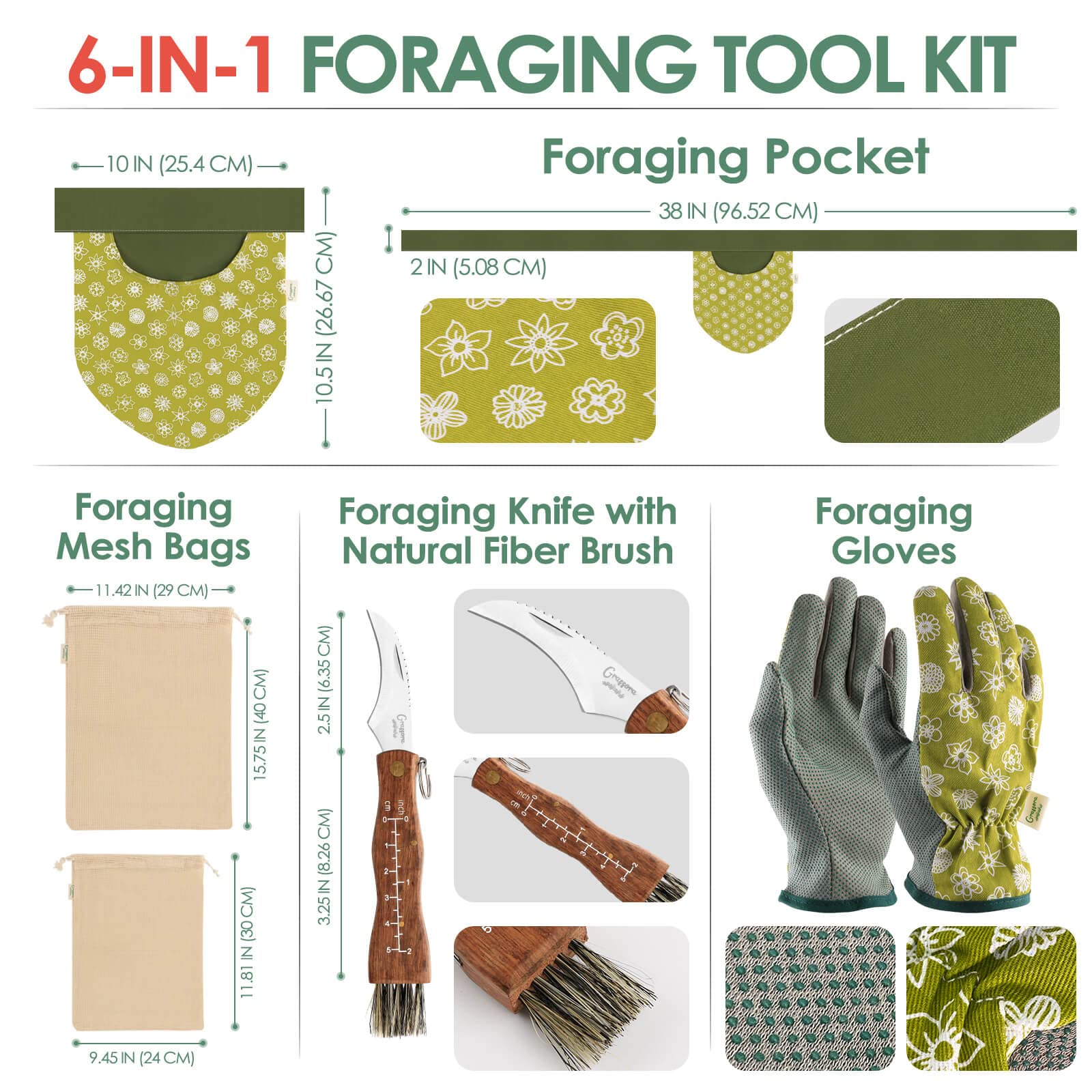 Grassora 6-in-1 Foraging Kit with Mushroom Mesh Bags, Pounch, Knife, Gloves and Stickers, for Beginners Pros, Hunting Supplies Foragers' Gift, Army Green