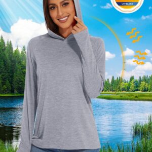 Womens UPF 50+ Hoodie Long Sleeve Sun Shirt Workout Shirts Runnig Shirts Quick Dry Summer Fishing Shirts for Women Breathable Beach Shirts Light Grey