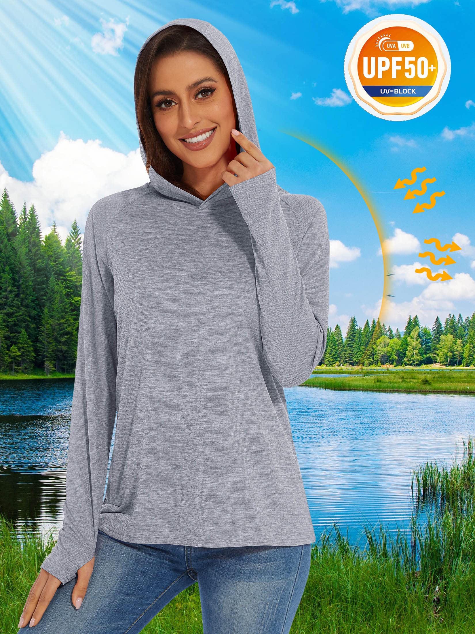 Womens UPF 50+ Hoodie Long Sleeve Sun Shirt Workout Shirts Runnig Shirts Quick Dry Summer Fishing Shirts for Women Breathable Beach Shirts Light Grey