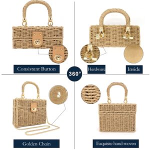 Handwoven Rattan Bag for women-Wicker Woven Square Crossbody vintage Chic Casual Beach Boho Tote Bag with tassel Ornaments(Beige)