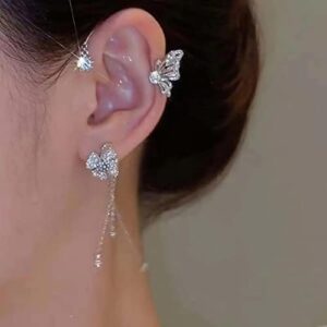 Butterfly Tassel Zircon Ear Clips for Womens Teen Girls Earrings Exquisite Shiny Butterfly No Piercing Studs Earrings