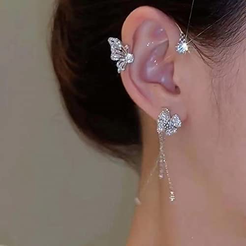 Butterfly Tassel Zircon Ear Clips for Womens Teen Girls Earrings Exquisite Shiny Butterfly No Piercing Studs Earrings