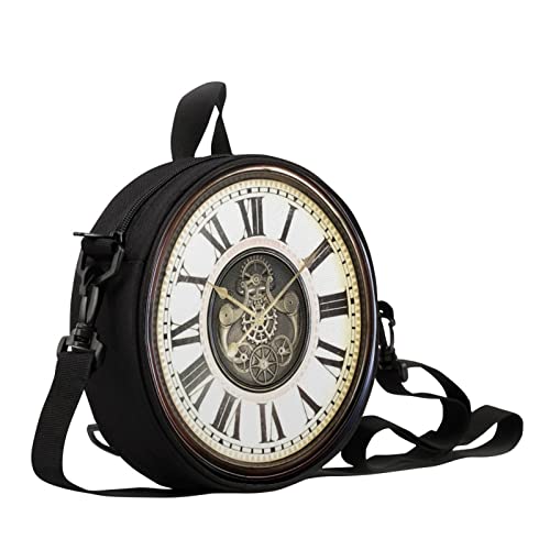 Sannovo Vintage Clock Print Round Bag Purse, Women Girl Portable Durable Lightweight Shoulder Bag with Zipper, Multi-Function Bag Purse Tote Bag, Gift for Mom