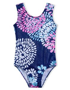 domusgo girls gymnastics leotards shiny round flowers blue one-piece kids dance sleeveless tank (7/8 years)