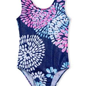 Domusgo Girls Gymnastics Leotards Shiny Round Flowers Blue One-Piece Kids Dance Sleeveless Tank (7/8 Years)