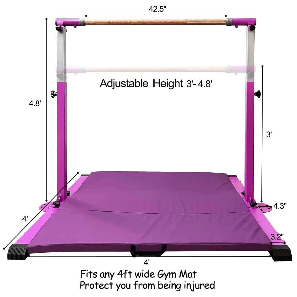 GBVUGY Gymnastics Kip Bar with Mat for Home Indoor Training,Horizontal Bar for Kids Girls Junior,Adjustable Arms from 3' - 5' Gym Equipment,1-4 Levels,300lbs Weight Capacity