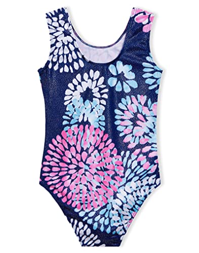 Domusgo Girls Gymnastics Leotards Shiny Round Flowers Blue One-Piece Kids Dance Sleeveless Tank (7/8 Years)