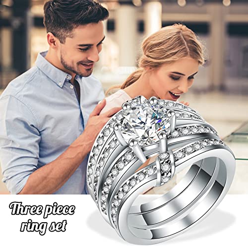 3PCS Ring Set Natural Diamond Rings Mother's Day Birthday Gift Jewelry Ring Wedding Engagement Jewelry Gift Size 5-12 Silver Ring Set (Silver, 7)