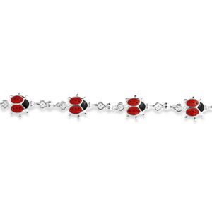 Good Luck Garden Lucky Multi Station Charms Enamel Red Ladybugs Charm Bracelet For Women Teen .925 Sterling Silver 7 Inch