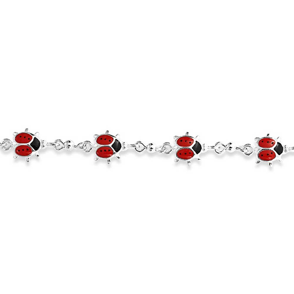 Good Luck Garden Lucky Multi Station Charms Enamel Red Ladybugs Charm Bracelet For Women Teen .925 Sterling Silver 7 Inch