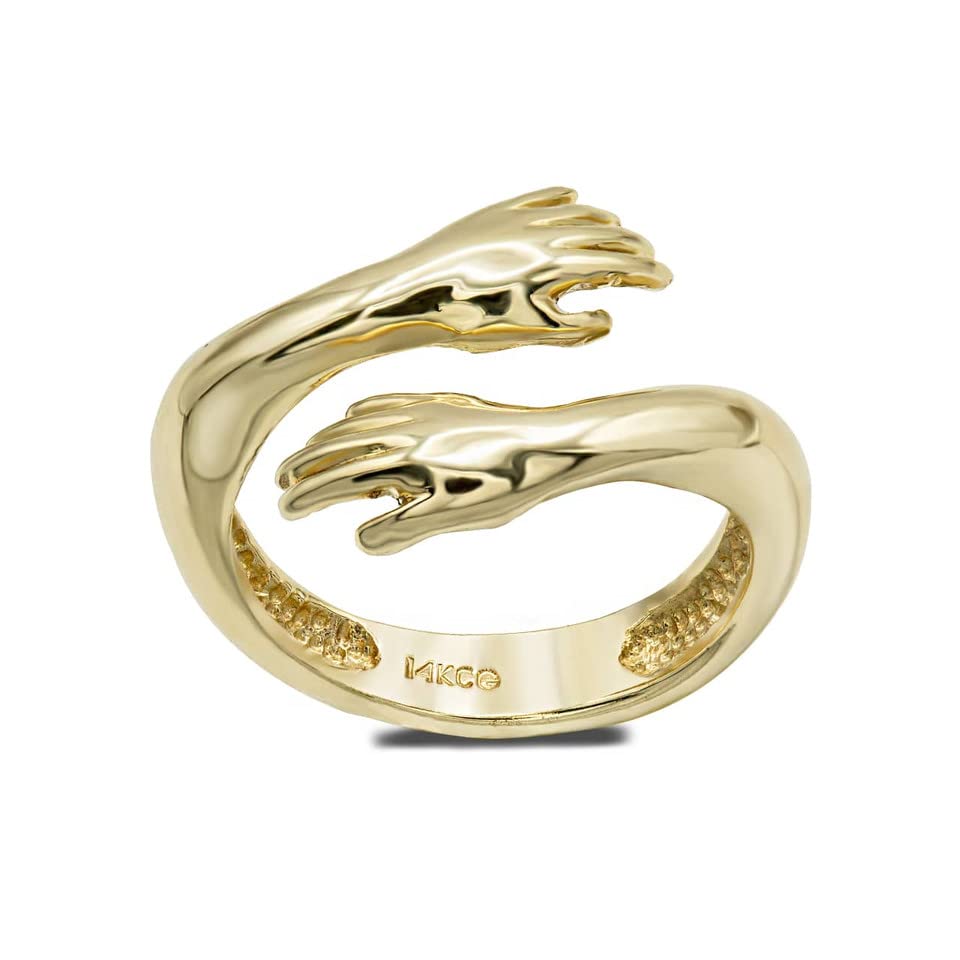 Women's Hug Ring 14K Yellow Gold Hand Style Hug Embrace Statement Promise Ring (Size 7.5)