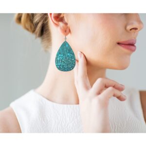 Vosach Teal Glitter Fashion Faux Leather Earrings Turquoise Shiny Fragments Wedding Teardrop Earrings Jewelry For Women Friends Bridal