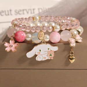 Cinnamoroll Crystal Beads Bracelet Set Cute Cartoon Elastic Beaded Pearl Anime Bracelets for Women Bff