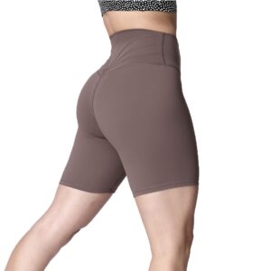 aoxjox trinity workout biker shorts for women tummy control high waisted exercise athletic gym running yoga shorts 6" (fudge coffee, x-large)