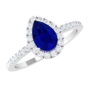 Rosec Jewels Lab Grown Blue Sapphire Diamond Halo Engagement Ring, AAAA Quality, Certified Sapphire Diamond Teardrop Ring- Ready To Gift, 14K White Gold, Size:US 5.00