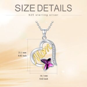 Natural Diamond Mom Heart Necklace for Women,925 Sterling Silver Butterfly Crystal Pendant Necklaces Birthday Gifts for Mom Wife 18"-20’’