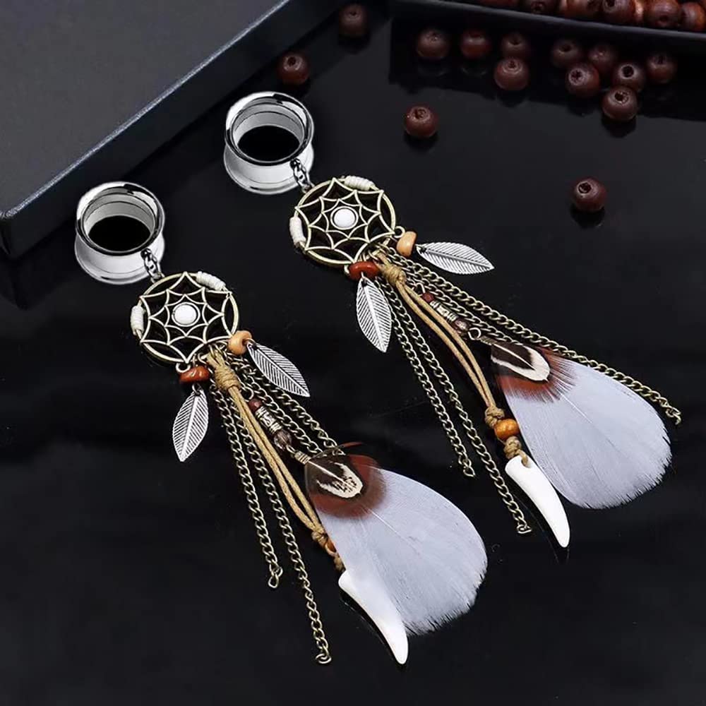 ZHAOZOUL 2 Pieces Stainless Steel Ethnic Feather Pendant Hanging Ear Gauge Ear Meat Tunnel Plug Boho Feather Tassel Ear Extension,Silver,10mm