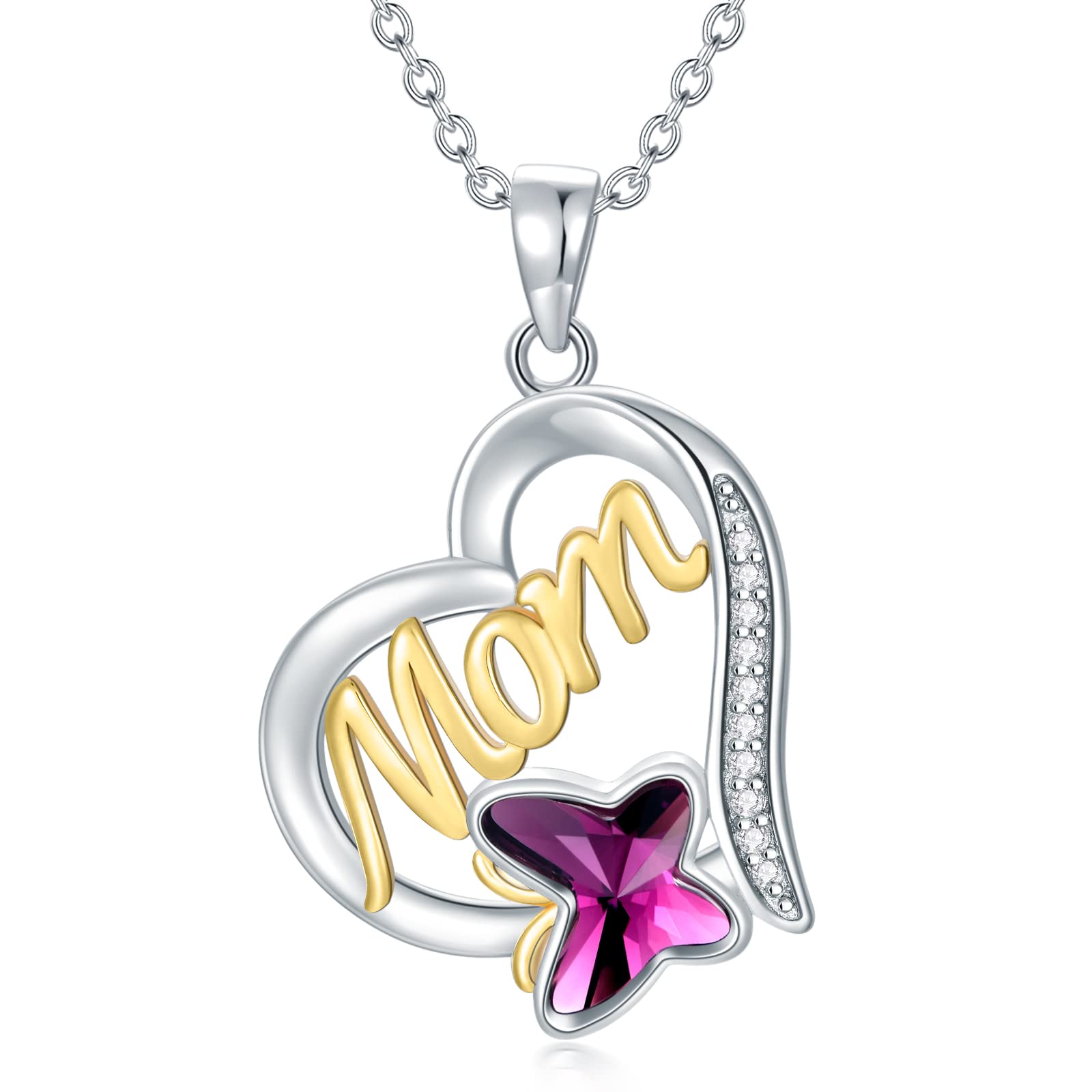 Natural Diamond Mom Heart Necklace for Women,925 Sterling Silver Butterfly Crystal Pendant Necklaces Birthday Gifts for Mom Wife 18"-20’’