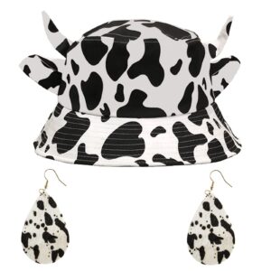 Cow Print Bucket Hat with Ears Horn Cute Animal Hats Cow Earrings for Women Black White