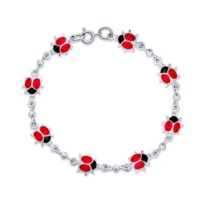 Good Luck Garden Lucky Multi Station Charms Enamel Red Ladybugs Charm Bracelet For Women Teen .925 Sterling Silver 7 Inch